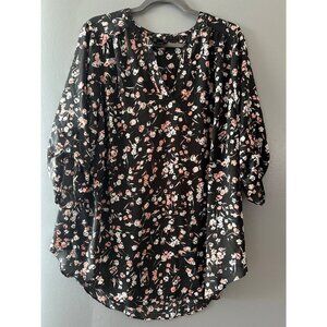 Worthington sz 1X Black Floral Semi Sheer Long Tunic Romantic Office Chic Top